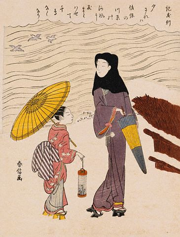 Japonskie drzeworyty - Harunobu 1760-A beauty in the black hood and a young girl holding an umbrella.jpg
