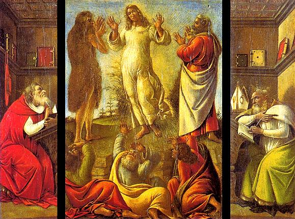 Botticelli Alessa... - 38.La Transfiguracin de Cristo con San Jernimo y ... y San Agustn en las hojas laterales, hacia 1500.jpg