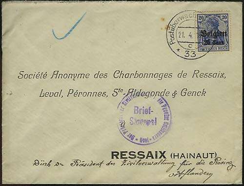 FDC - 1918 okupacja niemiecka Belgii, list ofrankowany znaczkiem II wydania.jpg